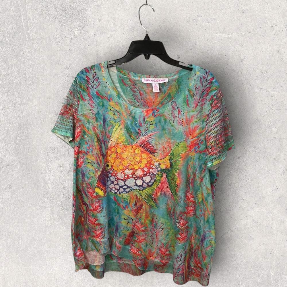 Leoma Lovegrove Fish Top  size Large Coastal Florida Tropical Resort Tee